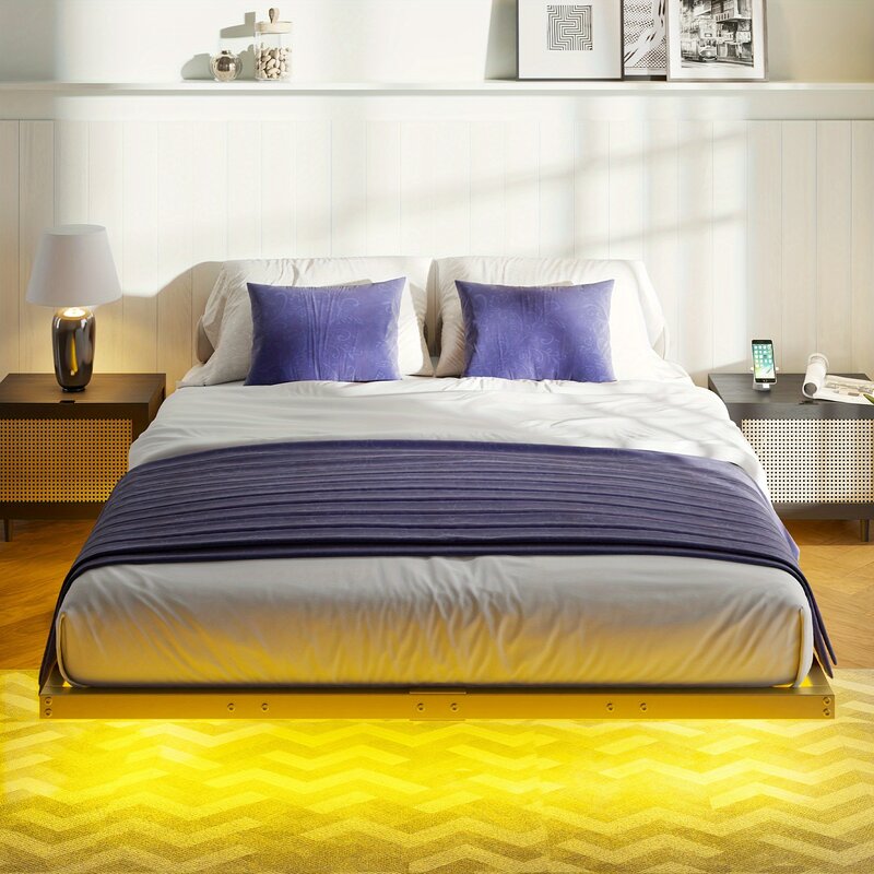 Marco de cama flotante, cama de plataforma de Metal resistente con luces LED, sin resorte de caja necesario/sin ruido