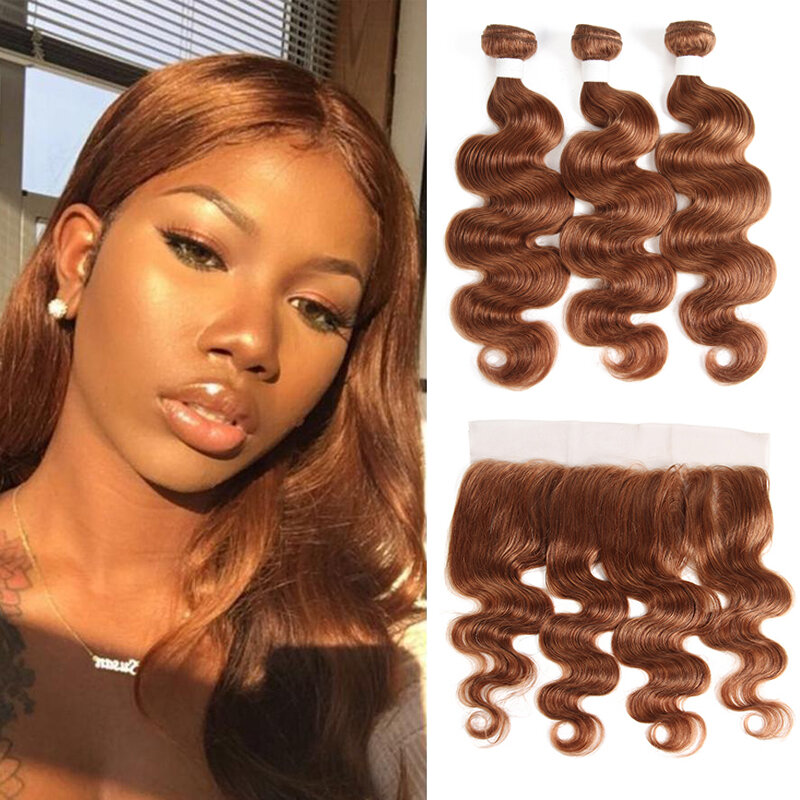 Brazilian Body Wave Human Hair Bundle With Closure Brown Color 3 Bundles With Frontal 100% Remy Human Hair Weave Bundles KEMY