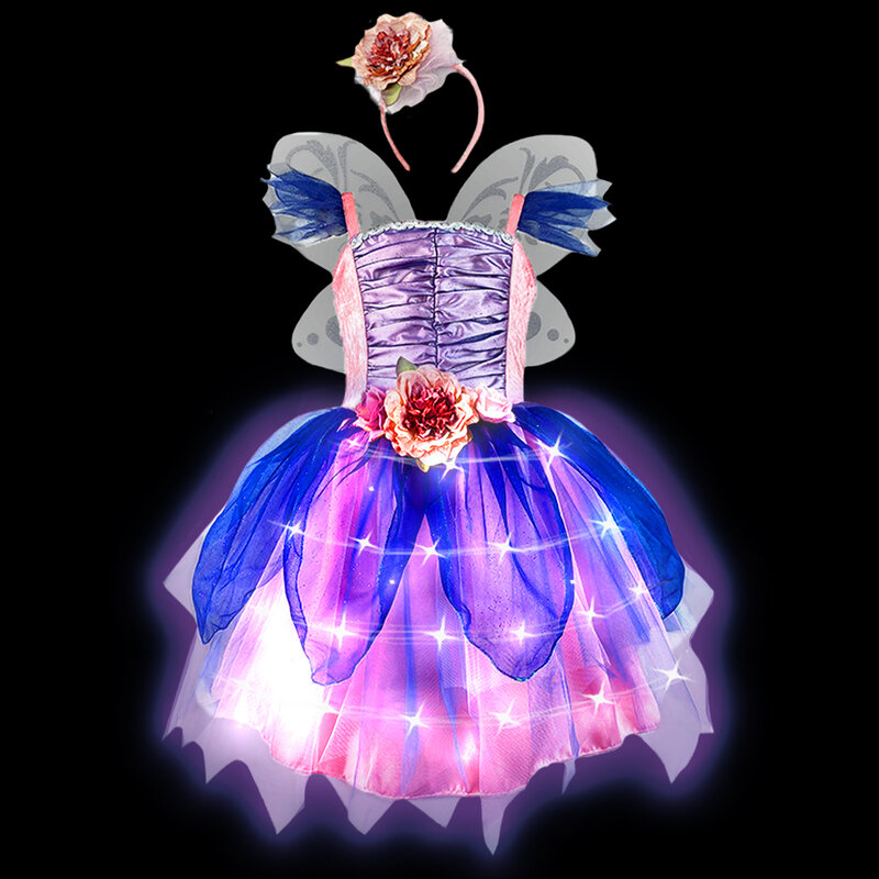 코스튬 화려한 요정 소녀 LED 조명, 빛나는 공주 원피스 꽃 엘프 투투 원피스 나비 날개, 2024 생일 파티 팅커벨