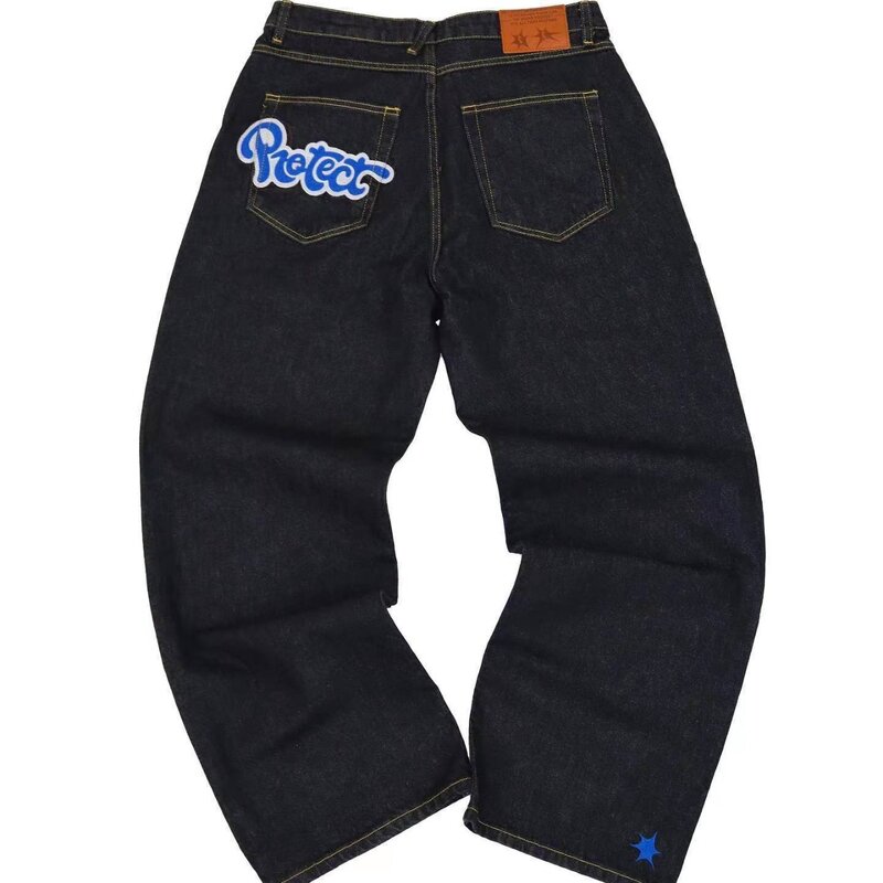 Jeans Harajuku americano com impressão de estrela de rua escura para homens e mulheres, jeans solto casual Y2K slouchy de cintura média reta, americano