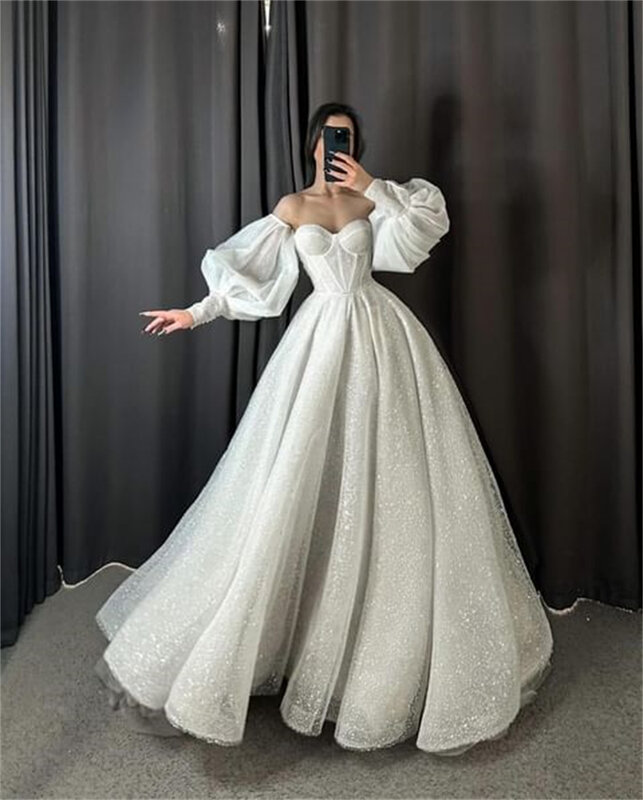 Shiny Sweetheart Tulle Ball Gowns Robe De Noiva Glitter abito da sposa vestido de noiva maniche a sbuffo abiti da sposa Plus Size