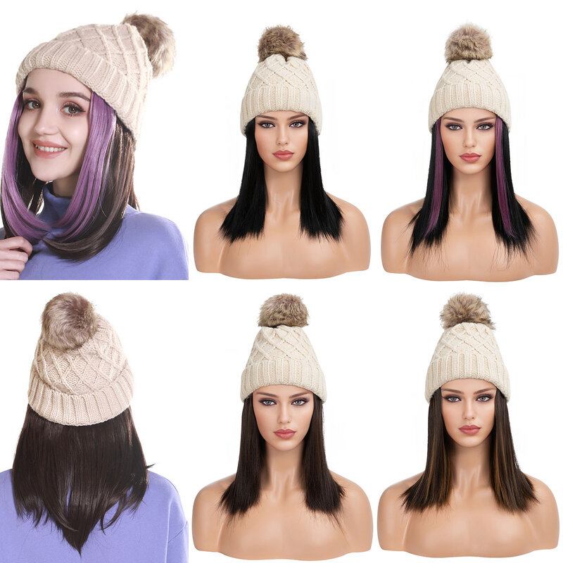 Fioletowy kolor syntetyczny kapelusz peruki z perukami dla kobiet długie proste włosy ciepła miękka z dzianiny na jesień narciarska zimowa czapka