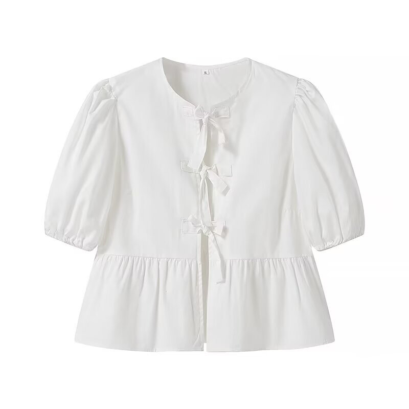Keyanketian-Camisa feminina de popeline de algodão, blusa com renda, babados em arco, blusa curta, verão, doce, novo lançamento, 2022