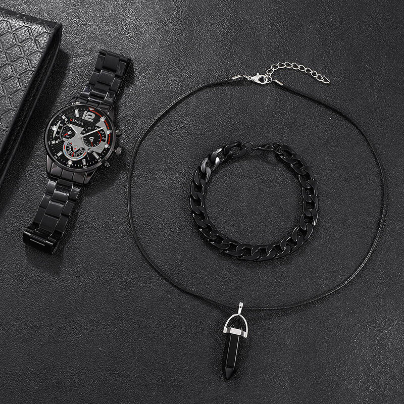 Jam tangan pria, 3 buah Set Fashion pria bisnis kalender jam tangan kasual pria gelang hitam kalung Stainless Steel kuarsa jam tangan Relogio Masculino