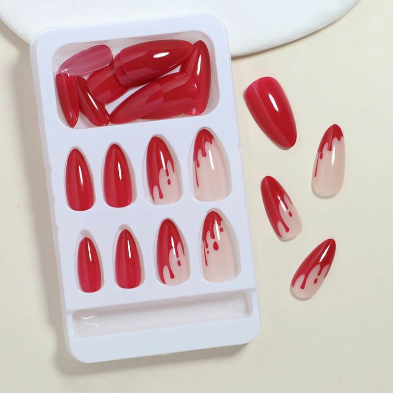 24Pcs Simple Wine Red Fake Nail with Glue Mid-length Almond Press on False Nails Wearable Round Head Oval Full Cover Nail Tips