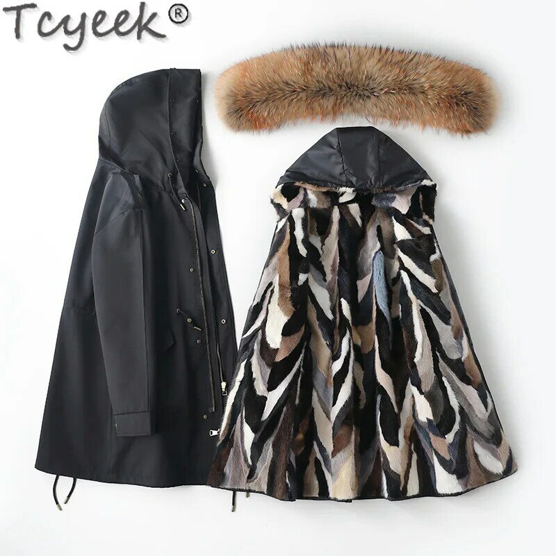 Tcyeek Real Mink Fur Parka Winter Jackets for Men Clothes Hood Fashion Mens Fur Jacket Coat Warm Fox Fur Collar Casaco Masculino