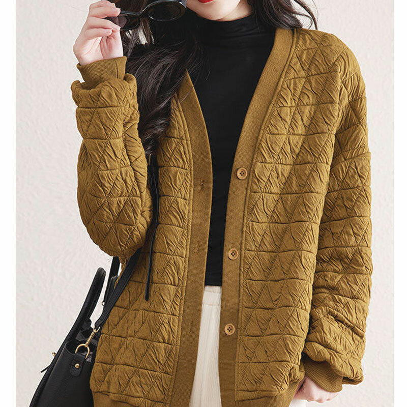 Женская однотонная куртка на пуговицах, модная свободная уличная одежда с длинным рукавом и V-образным вырезом, на осень и зиму, 2023
