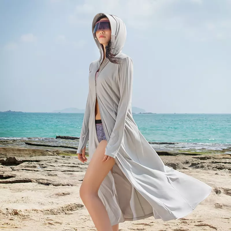 OhSunny Pakaian Anti-UV Musim Panas Wanita Fashion Tabir Surya Pelindung Matahari Pendingin Mantel Panjang Penutup Wajah Bertudung Ritsleting Saku Pantai