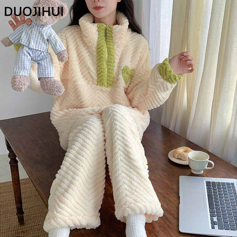 DUOJIHUI Korean Style Winter Flannel Thick Warm Pajamas for Women Chic Zipper Pullover Contrast Color Fashion Female Pajamas Set