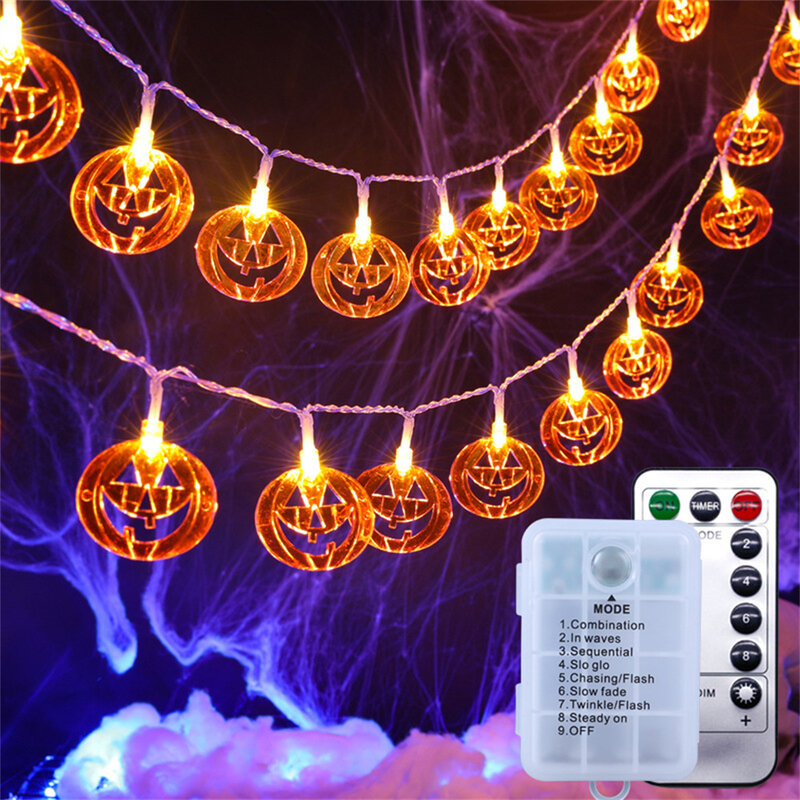 8 modos de abóbora luzes da corda a pilhas laranja halloween decoração abóbora luz com controle remoto para fontes de festa ao ar livre