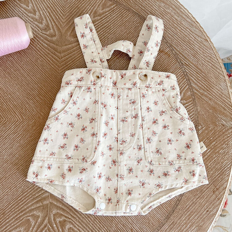 2024 New Summer Infant Baby Girls Jumpsuit Floral Printing Denim Overall Newborn Baby Girl Romper 0-24M Children Clothing