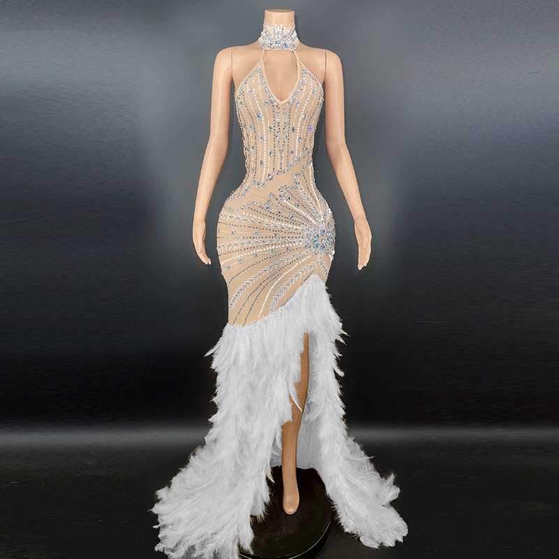 Novance High Quality Long Sleeve Rhinestone Dress Split Club  Luxury Feather Long Gown For Pageant Vestido De Novia Barato 2022