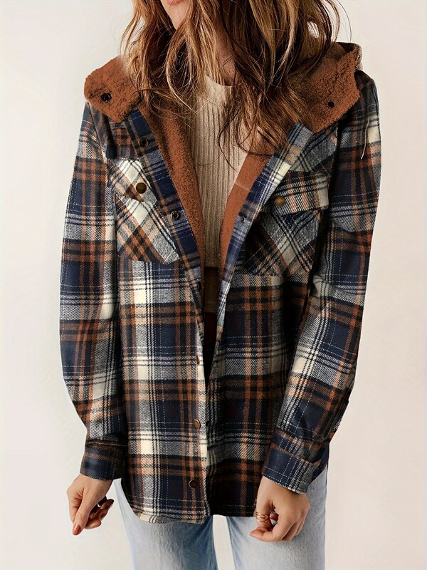 Plaid Pattern Hooded Jacket Casual Button Front Long Sleeve Outerwear