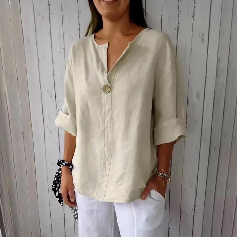 Camiseta transpirable con cuello en V y botones para mujer, camisa informal de manga 3/4, Color sólido, Jersey holgado para verano