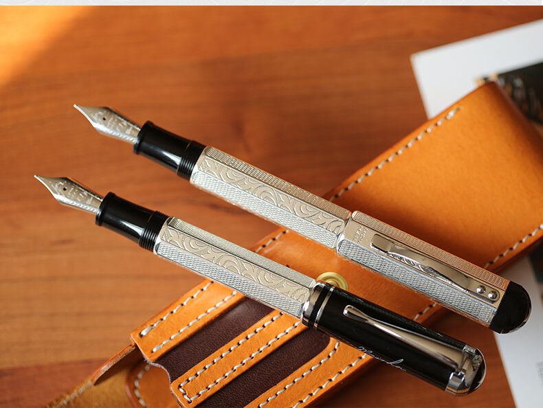 ปากกาหมึกซึมโลหะ P138คลาสสิกปากกาหมึกซึมปากกาลูกสูบหมึกดูดซับ No.6แกะสลักรูปแปดเหลี่ยมรูปแบบการเขียนชุบเงิน gfit