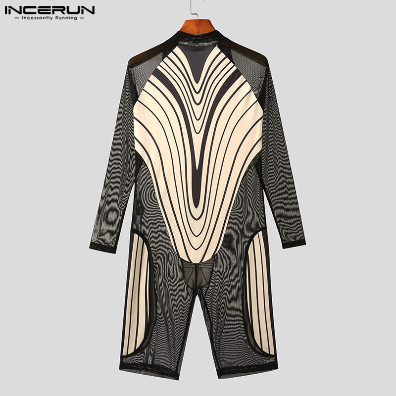 INCERUN American Style Men Homewear Rompers Abstract Printing See-through Mesh Stitching Long Sleeved Flat Angle Bodysuits S-5XL