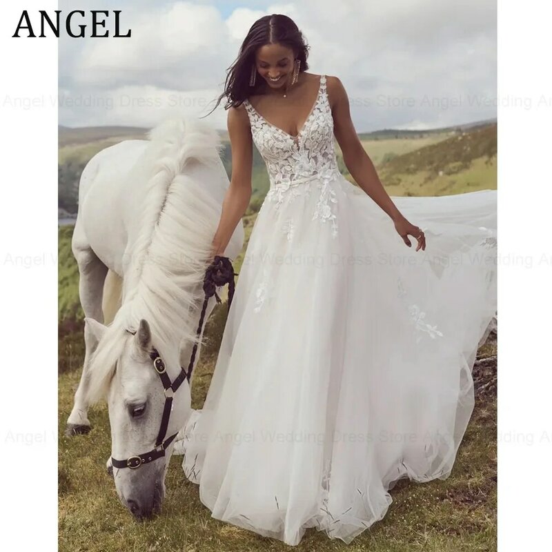 ANGEL gaun pernikahan Tulle Backless romantis jubah Applique renda tanpa lengan gaun pengantin Boho Line buatan khusus