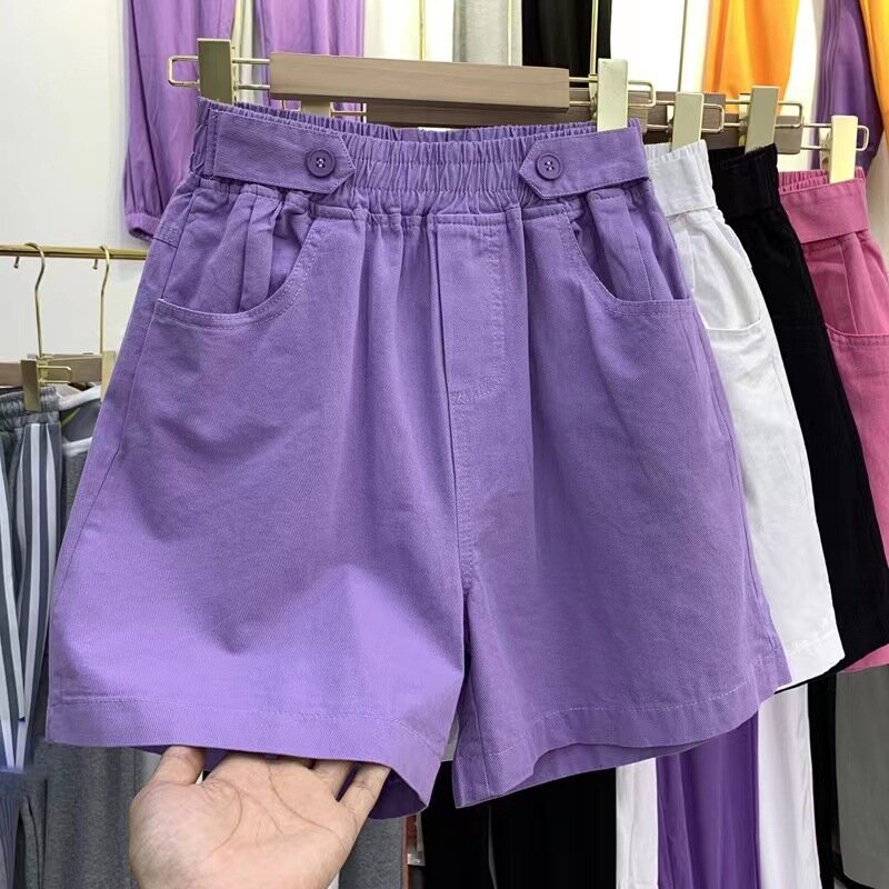 Женские джинсовые шорты, летние фиолетовые широкие шорты из хлопка с высокой талией и эластичным поясом, 2023