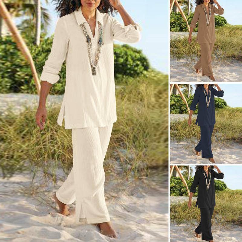 Blusa casual feminina de algodão, tops e conjuntos de calças de manga comprida, roupas de calça reta, moda verão, 2 peças