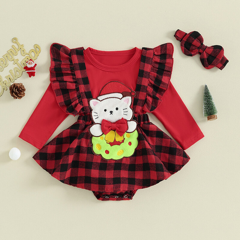 Pelele de Navidad para niñas pequeñas, vestido con estampado de dibujos animados a cuadros, manga larga, falda con lazo, dobladillo, monos, diadema