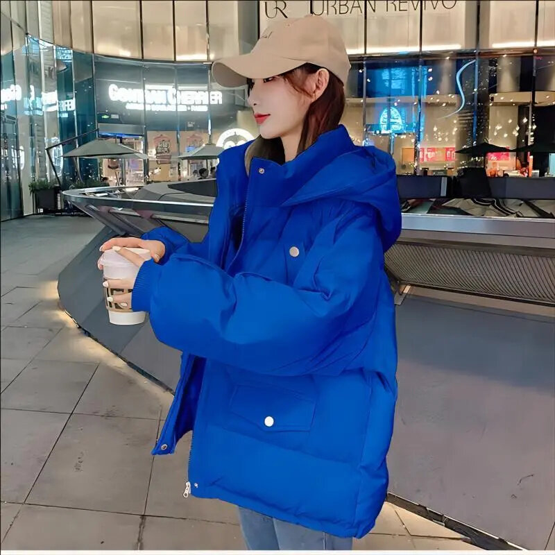 Winter Short Down Cotton Jacket Women New Loose Stand-Up Collar Hooded Coat Pure Colour Outerwear Fashion Pocket Overcoat Female
