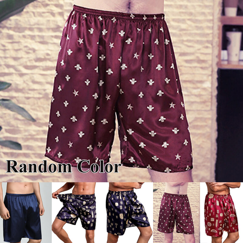 Shorts de pijama de cetim sedoso masculino com estampa dragão, roupa de dormir solta, calças curtas, Homewear, cor aleatória, 1pc
