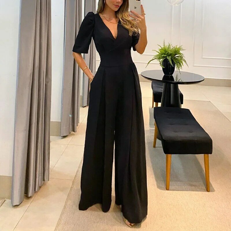 Spring Jumpsuit New Casual Pullover V-neck Lace Up High Waist Bubble Short Sleeve Solid Office Lady Waistband Wide Leg Pants