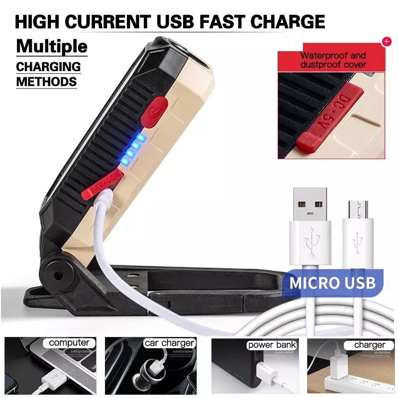 USB ricaricabile forte luce di lavoro magnetica LED COB torcia pieghevole portatile campeggio impermeabile con Display di alimentazione