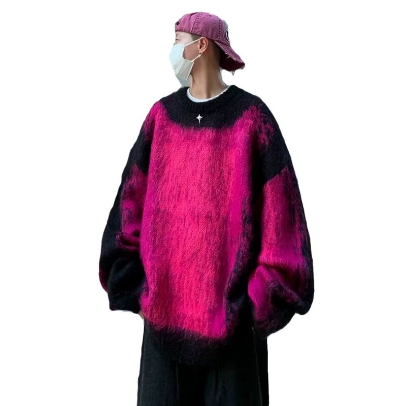 Pulover rajut pria, Atasan musim gugur tebal hangat leher bulat tampan warna kontras trendi, Sweater warna gradien disikat