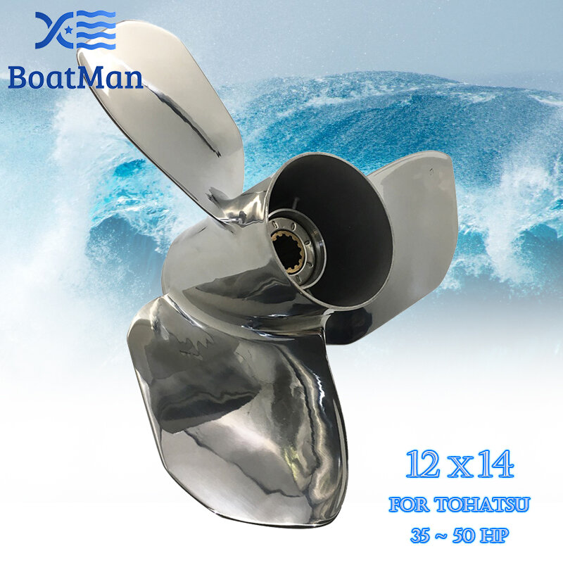 Лодочный пропеллер Boatman 12x14 подходит к подвесным двигателям Tohatsu 35 л.с. 40 л.с. 50 л.с. 3 лезвия из нержавеющей стали 13 шлицевых зубцов RH