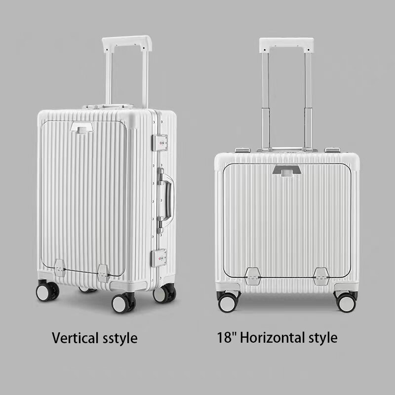 New Suitcase Front Opening Aluminum Frame Rolling Luggage Spinner USB Cup Holder Phone Stand Cabin Carrier Unisex Travel Bag
