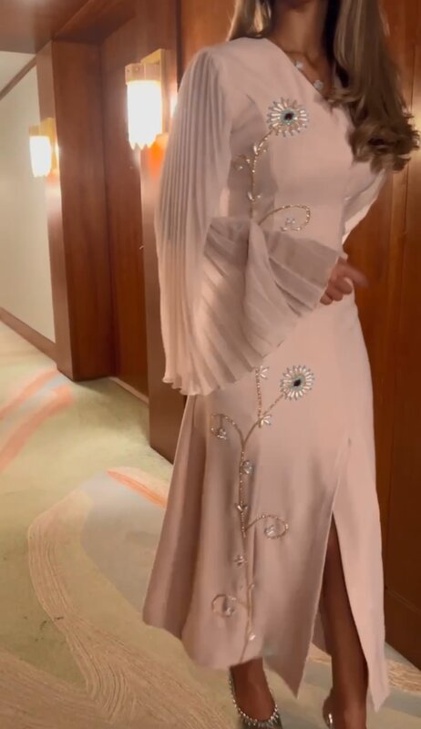 Платье для выпускного Oisslec с бусинами, V-образным вырезом, цветочным принтом, расклешенными рукавами, разрезом спереди, длиной до щиколотки, элегантные вечерние платья