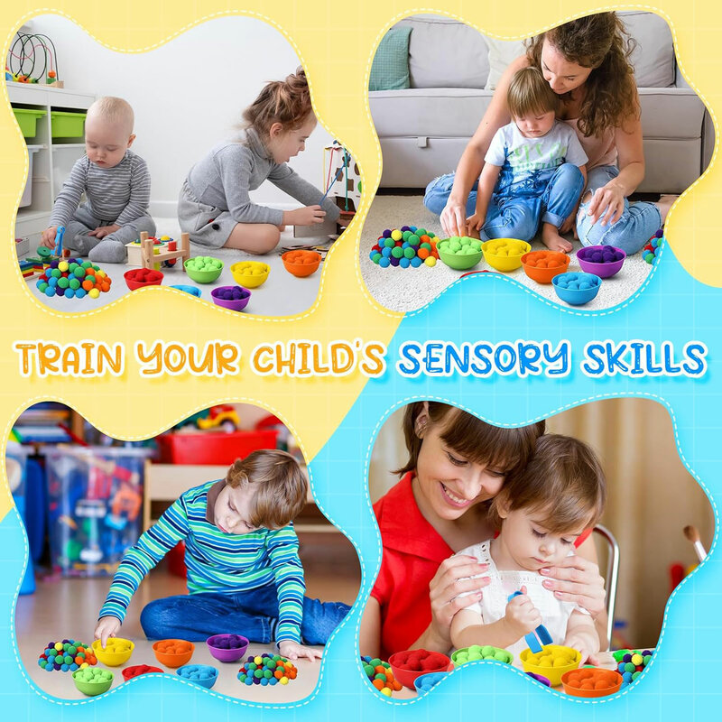 Tęczowe pompony dla dzieci w wieku 3 lat zabawki do sortowania kubków Montessori zabawki sensoryczne zajęć przedszkolnych zabawki matematyczne