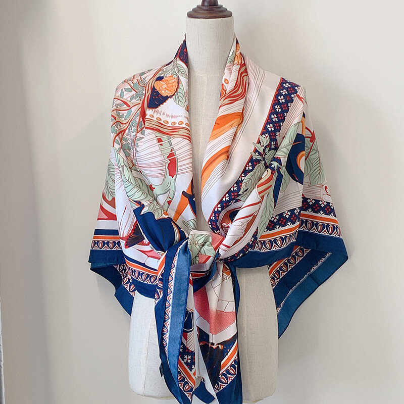 Bufanda de seda pura de lujo para mujer, chales grandes con estampado de árbol, pañuelos cuadrados, 130x130CM