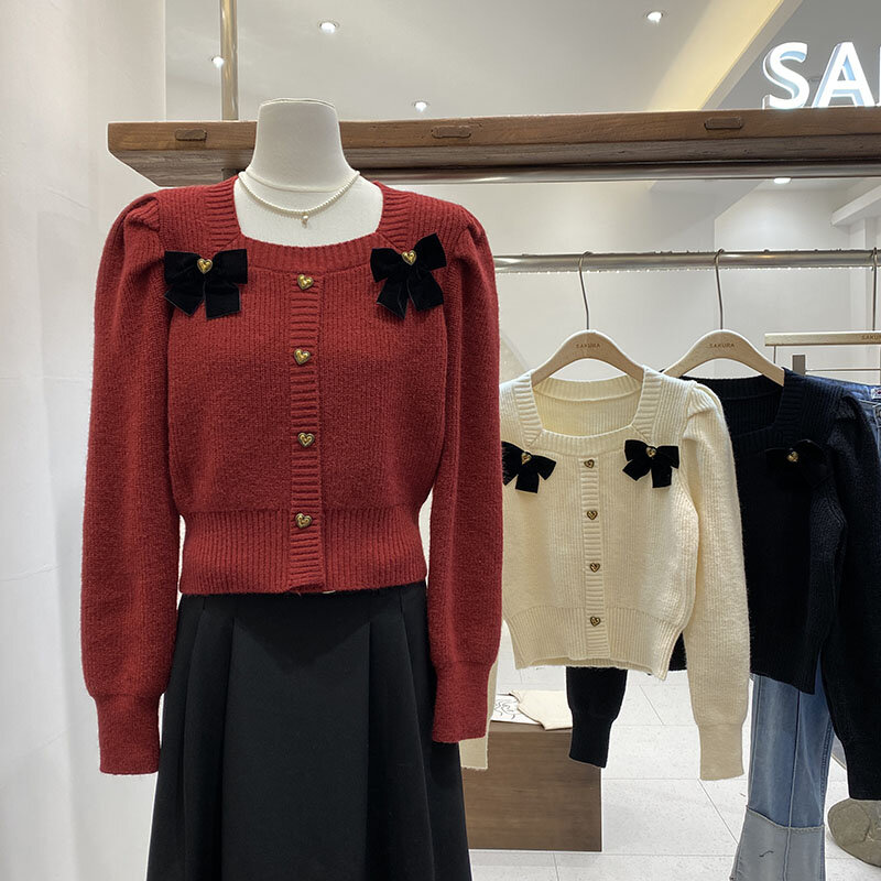 Miiiix-pulôver de pescoço quadrado, suéter de manga comprida, blusa tricotada, estilo francês, estilo curto, novo, outono, inverno, 2022