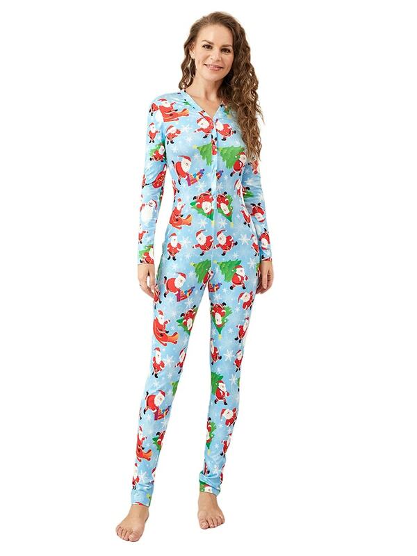 Women s Christmas Pajamas Romper Long Sleeve Button Down Jumpsuit Sleepwear Cartoon Print Y2K Nightwear