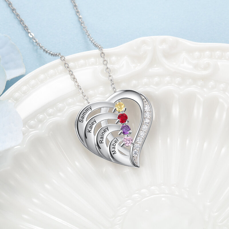 Mother's Day Personalize Heart Necklace 925 Sterling Sliver Jewelry Custom Name Birthstone Promise Anniversary Gift for Women