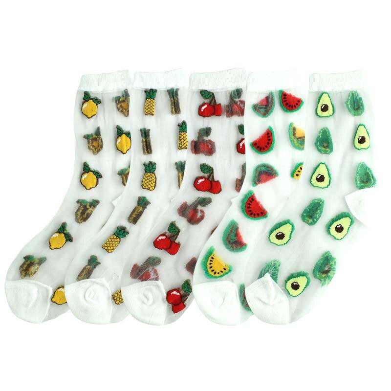 Calcetines de longitud media para mujer, parte inferior de algodón de fibra de vidrio transparente fina, calcetines de seda de cristal, calcetines de fruta de primavera y verano