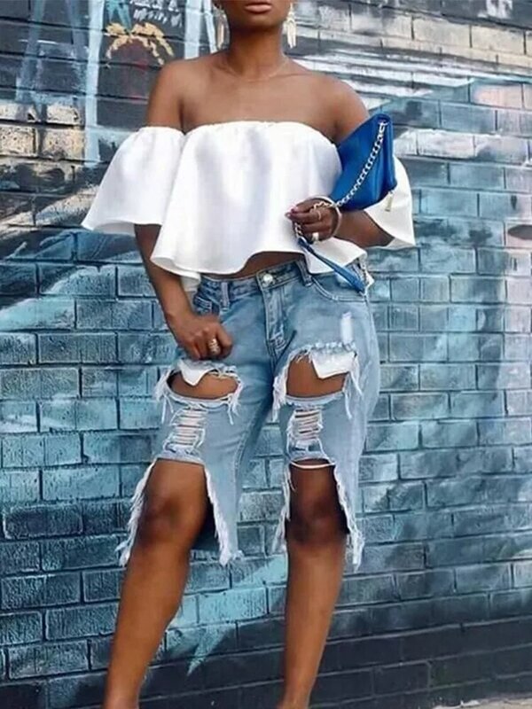 Модные перфорированные сексуальные карманы стрейч джинсовые Капри мешковатые джинсы для женщин