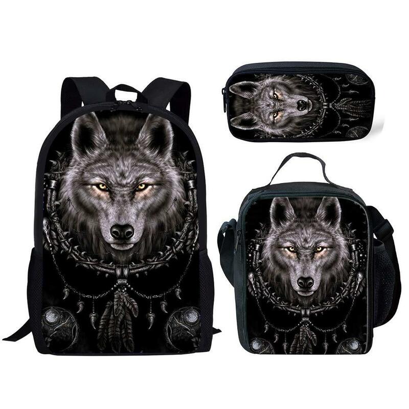 Fajny wilk Totem dzikie zwierzęta 3 sztuk/zestaw plecak z nadrukiem 3D uczeń torba Anime mała torba na laptopa piórnik na Lunch