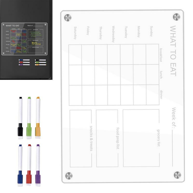 Kalendarz posiłków do lodówki Akrylowa przezroczysta tablica do planowania posiłków z 6-kolorowymi długopisami Wymazywalny planer posiłków i lista zakupów dla