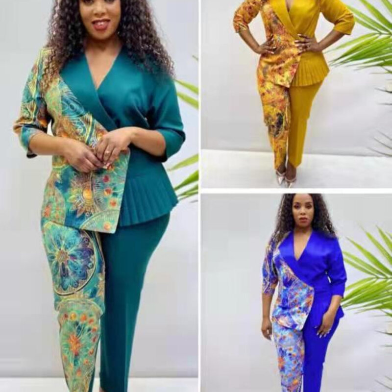 Europe and The United States New African Women's Plus-size Mother Dress Printed Long Coat Trousers Two-piece Suit ML101Q43