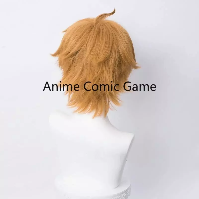 Genshin Wig Cosplay Impact Tartaglia, Wig Cosplay Anime Halloween rambut sintetik tahan panas warna emas pendek 30cm + topi Wig