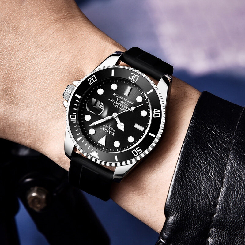LIGE 남성용 비즈니스 날짜 시계, 럭셔리 스포츠 쿼츠 시계, 방수 야광 실리콘 손목시계