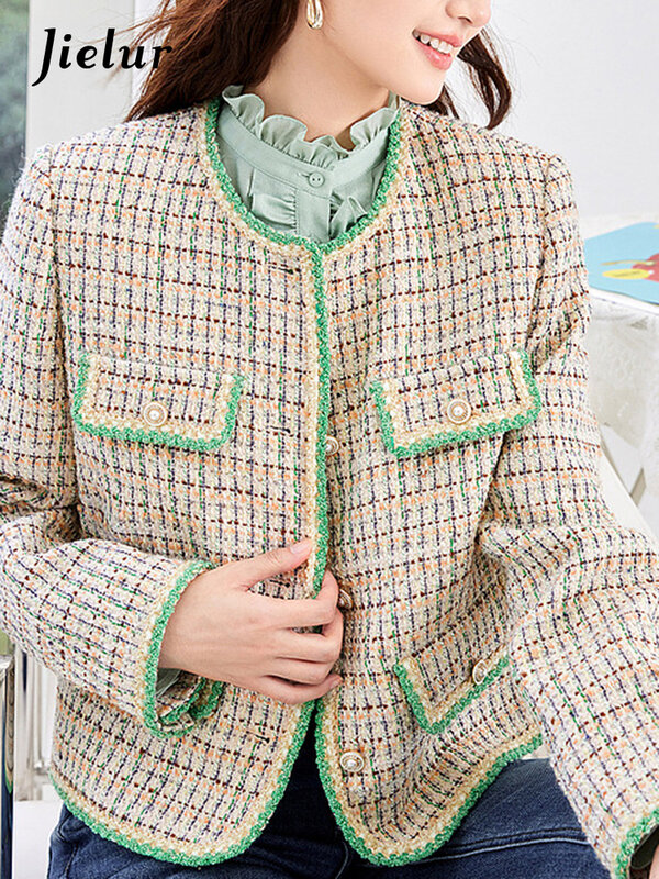 Jielur-chaquetas informales ajustadas para mujer, ropa de oficina con cuello redondo, Top holgado de calle a la moda, novedad de otoño
