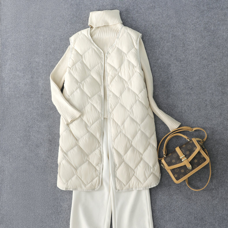 Colete feminino de pato de peito único, jaqueta sem mangas, casaco vintage casual quente de comprimento médio, colete longo feminino, branco, novo, inverno