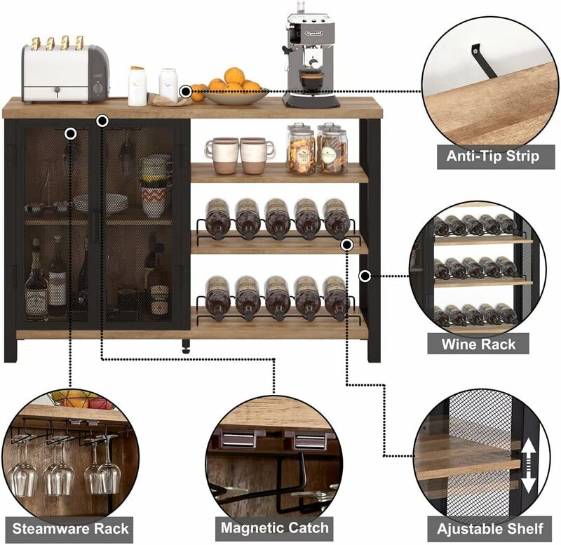 BON AUGURE Bar Cabinet with Storage, Industrial Liquor Cabinet for Home, Buffet Sideboard with Wine Rack and Glass Rack,
