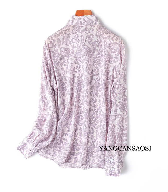 Camisa De manga larga con cuello cuadrado para mujer, camisa De crepé De seda De morera 100% Natural, transpirable, agradable a la piel, estampado púrpura hermoso