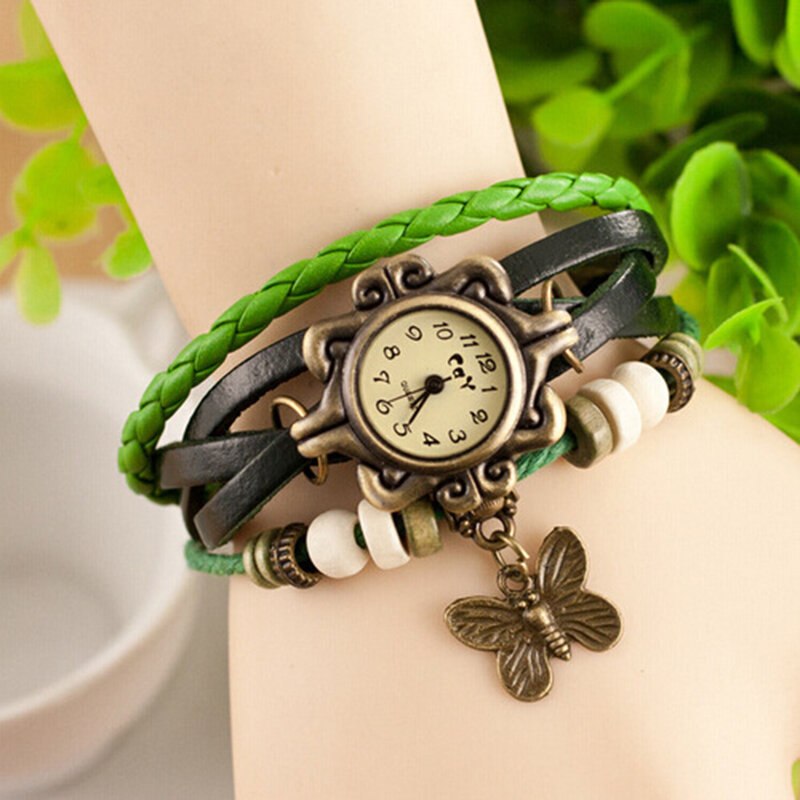 Damski na co dzień Vintage wielowarstwowy motyl ze sztucznej skóry zegarek na bransolecie damski zegar Montre Femme Relogios 2017