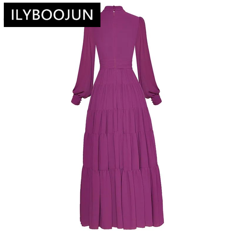 Dresses For Women 202 Luxury Brand High Quality Women's Dress Bow Collar Long Lantern Sleeve Purple Elegant Pleated Party Dress